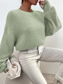 Chiquease Solid Ribbed Knit Drop Shoulder Jumper - Mint Green - View 4