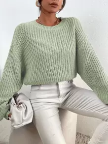 Chiquease Solid Ribbed Knit Drop Shoulder Jumper - Mint Green - View 5