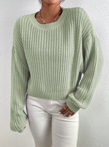 Chiquease Solid Ribbed Knit Drop Shoulder Jumper - Mint Green - View 7