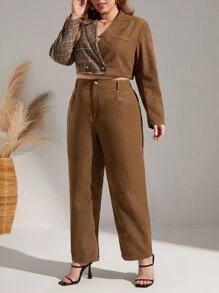 SHEIN Essnce Blazer crop de cuadros con botones con pantalones - Café integral - Ver 1