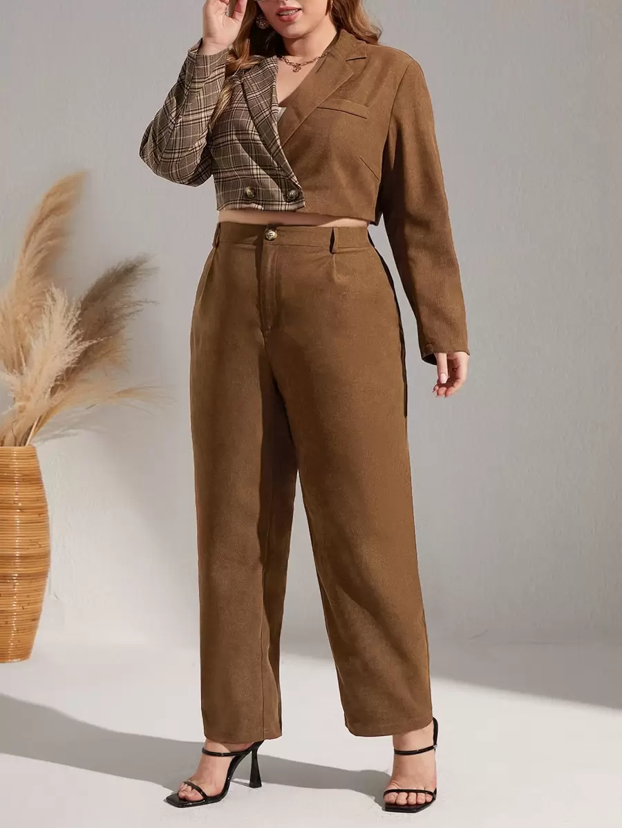 SHEIN Essnce Blazer crop de cuadros con botones con pantalones - Café integral - Ver 1