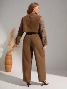 SHEIN Essnce Blazer crop de cuadros con botones con pantalones - Café integral - Ver 2