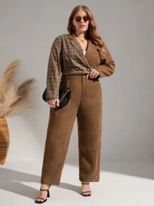 SHEIN Essnce Blazer crop de cuadros con botones con pantalones - Café integral - Ver 3