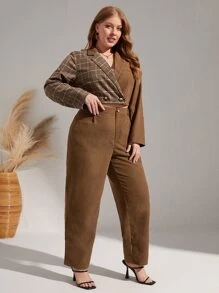 SHEIN Essnce Blazer crop de cuadros con botones con pantalones - Café integral - Ver 4