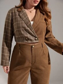 SHEIN Essnce Blazer crop de cuadros con botones con pantalones - Café integral - Ver 5