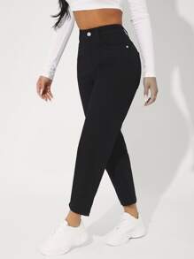 SHEIN PETITE Quần jean nữ Nút Túi Dây kéo màu trơn - màu đen - Xem 4