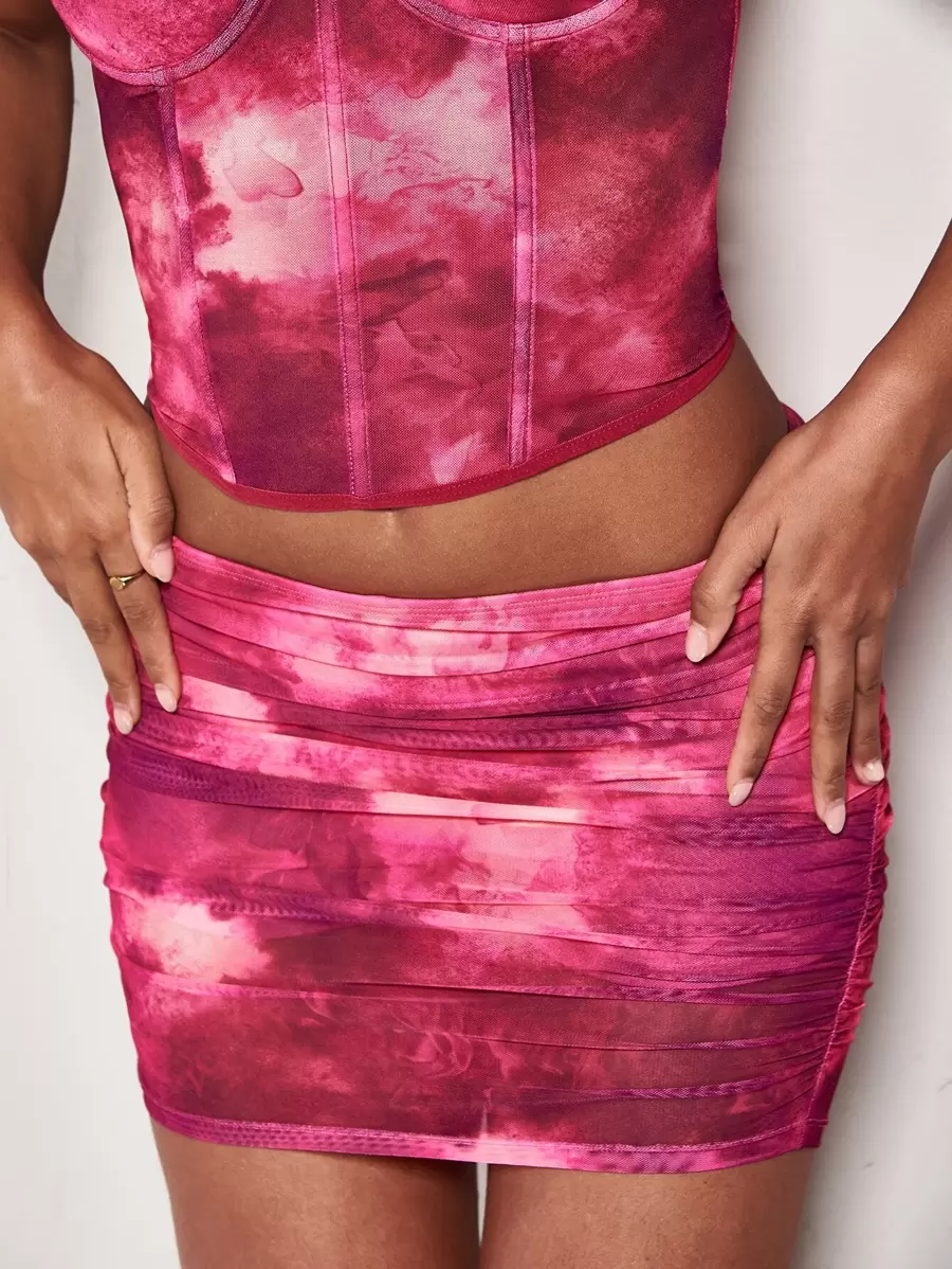 SHEIN BAE 紮染側收褶裙裤 - 玫紅色 - 查看 1