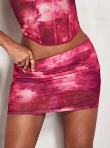 SHEIN BAE 紮染側收褶裙裤 - 玫紅色 - 查看 3