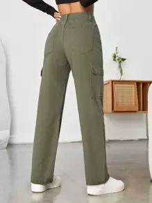 SHEIN PETITE 高腰翻蓋口袋直筒牛仔褲