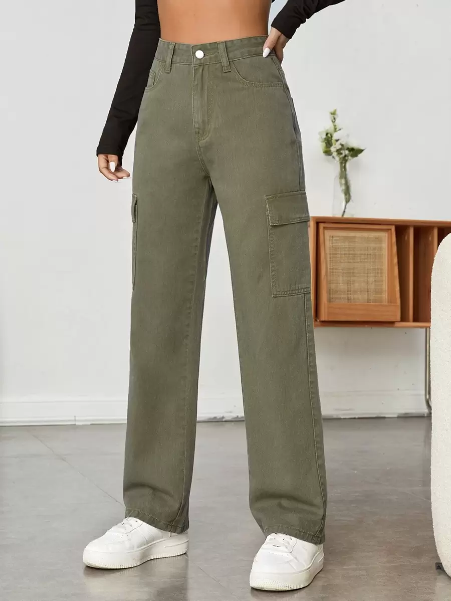 SHEIN PETITE 高腰翻蓋口袋直筒牛仔褲