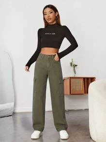 SHEIN PETITE 高腰翻蓋口袋直筒牛仔褲