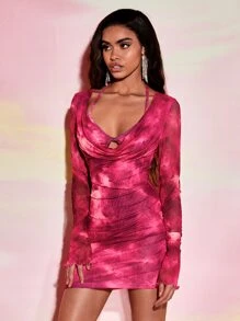 SHEIN BAE 紮染垂領荷葉袖褶邊緊身連衣裙 - 彩色 - 查看 3