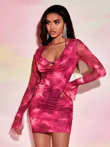 SHEIN BAE 紮染垂領荷葉袖褶邊緊身連衣裙 - 彩色 - 查看 4