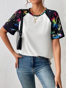 SHEIN Unity Splash Ink Print Raglan Sleeve Tee - Multicolor - View 2