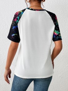 SHEIN Unity Splash Ink Print Raglan Sleeve Tee - Multicolor - View 3