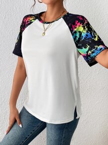 SHEIN Unity Splash Ink Print Raglan Sleeve Tee - Multicolor - View 4