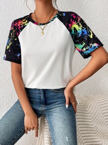 SHEIN Unity Splash Ink Print Raglan Sleeve Tee - Multicolor - View 5