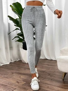 SHEIN Essnce Solid Ribbed Knit Drawstring Waist Leggings - Light Grey - View 1