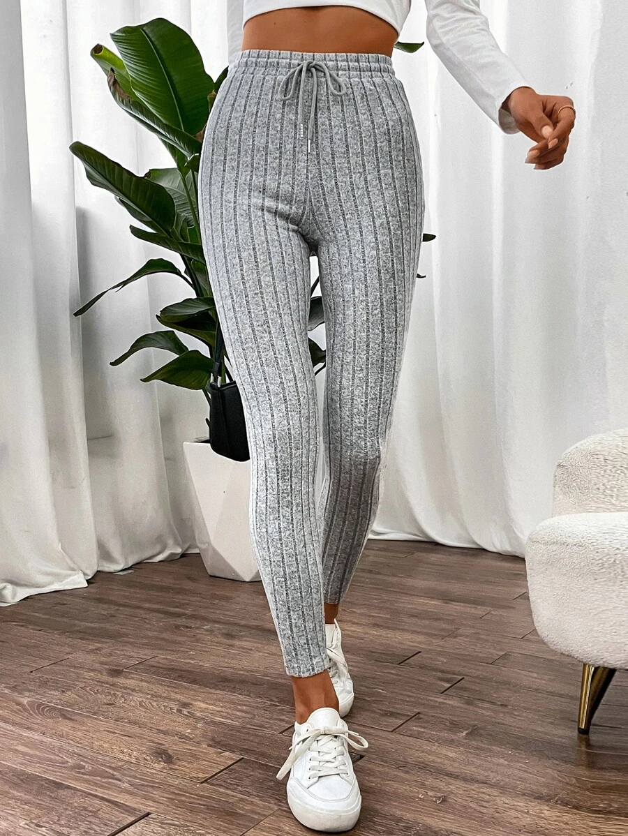 SHEIN Essnce Solid Ribbed Knit Drawstring Waist Leggings - Light Grey - View 1