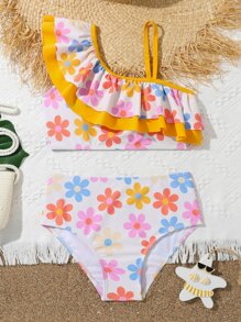 Tween Girl Floral Print Ruffle Trim Asymmetrical Neck Bikini Set Summer Beach - Multicolor - View 1