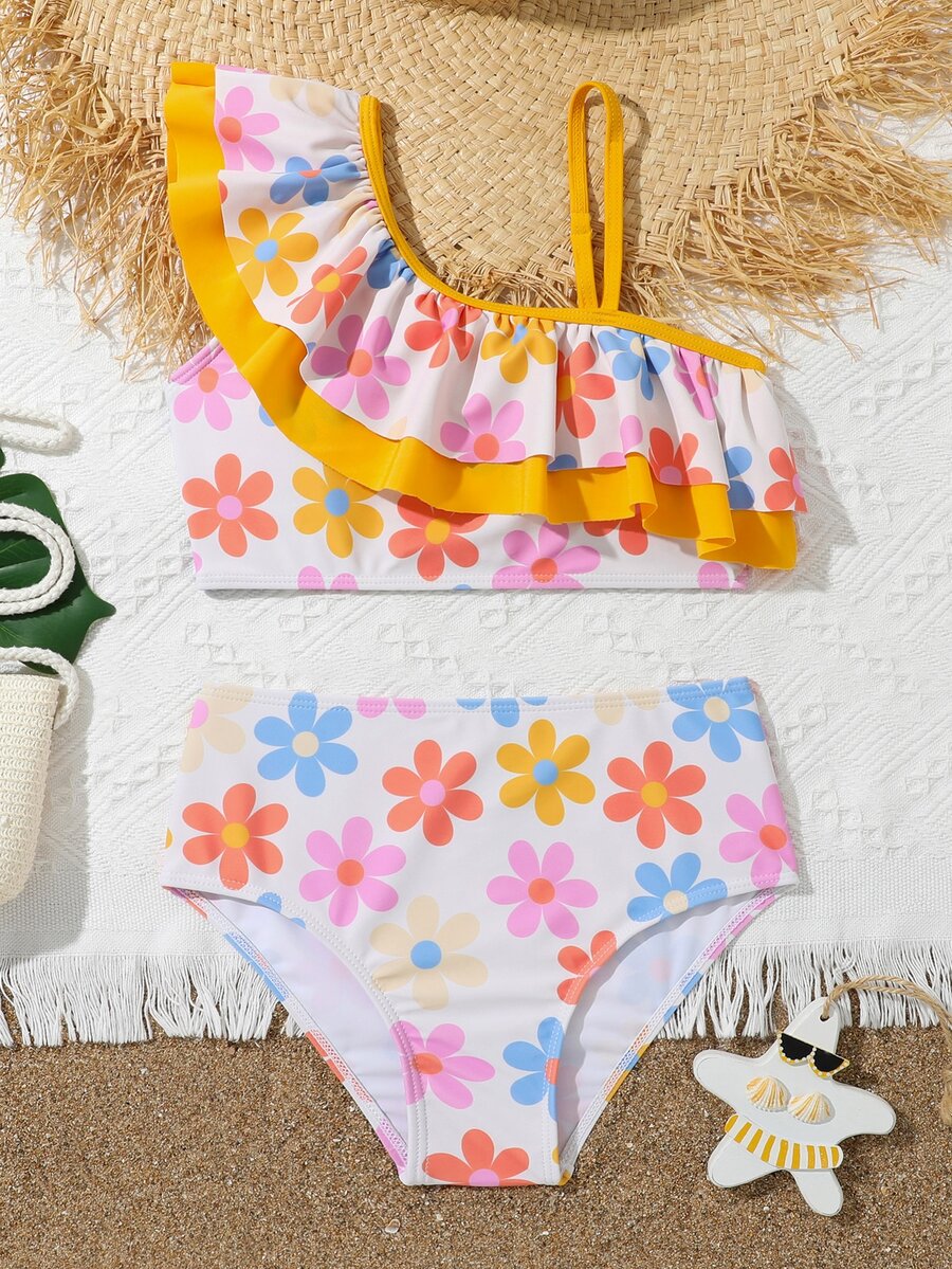 Tween Girl Floral Print Ruffle Trim Asymmetrical Neck Bikini Set Summer Beach - Multicolor - View 1