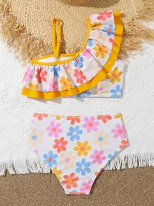 Tween Girl Floral Print Ruffle Trim Asymmetrical Neck Bikini Set Summer Beach - Multicolor - View 2