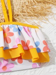 Tween Girl Floral Print Ruffle Trim Asymmetrical Neck Bikini Set Summer Beach - Multicolor - View 3