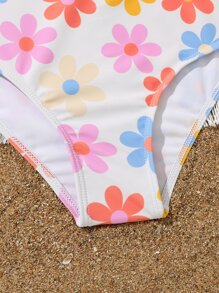 Tween Girl Floral Print Ruffle Trim Asymmetrical Neck Bikini Set Summer Beach - Multicolor - View 4