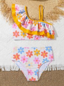 Tween Girl Floral Print Ruffle Trim Asymmetrical Neck Bikini Set Summer Beach - Multicolor - View 5
