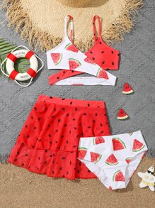 SHEIN Tween Girl Watermelon Print Wrap Bikini Set & Beach Skirt Summer Beach - Red and White - View 1
