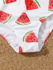 SHEIN Tween Girl Watermelon Print Wrap Bikini Set & Beach Skirt Summer Beach - Red and White - View 3