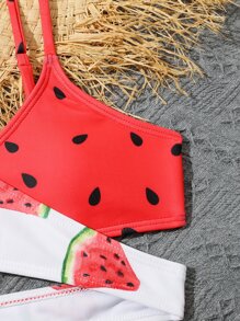SHEIN Tween Girl Watermelon Print Wrap Bikini Set & Beach Skirt Summer Beach - Red and White - View 4