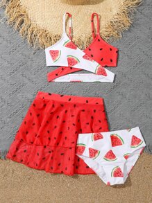 SHEIN Tween Girl Watermelon Print Wrap Bikini Set & Beach Skirt Summer Beach - Red and White - View 5