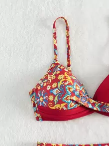 Floral Print Crisscross Front Push Up Bikini Top, For Summer Beach Vacation - Red - View 4