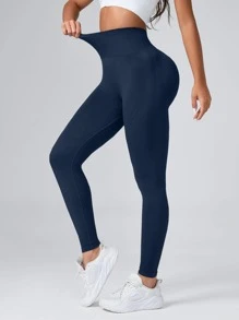 Yoga Basic Solid Tummy Control Sports Leggings - Navy Blue - View 2