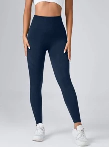 Yoga Basic Solid Tummy Control Sports Leggings - Navy Blue - View 3