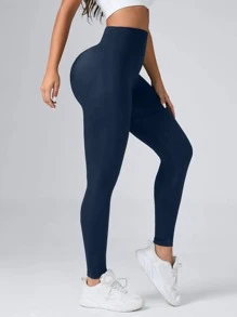 Yoga Basic Solid Tummy Control Sports Leggings - Navy Blue - View 4