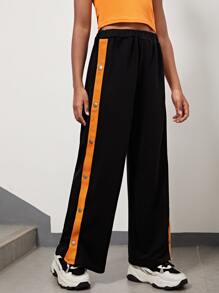 SHEIN Chicas Pantalones de pierna ancha panel en contraste con botón lateral - Negro - Ver 1