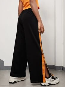 SHEIN Chicas Pantalones de pierna ancha panel en contraste con botón lateral - Negro - Ver 2