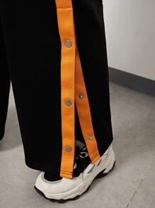 SHEIN Chicas Pantalones de pierna ancha panel en contraste con botón lateral - Negro - Ver 3