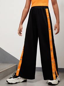 SHEIN Chicas Pantalones de pierna ancha panel en contraste con botón lateral - Negro - Ver 5