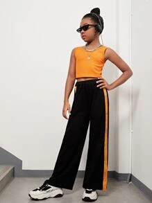 SHEIN Chicas Pantalones de pierna ancha panel en contraste con botón lateral - Negro - Ver 6