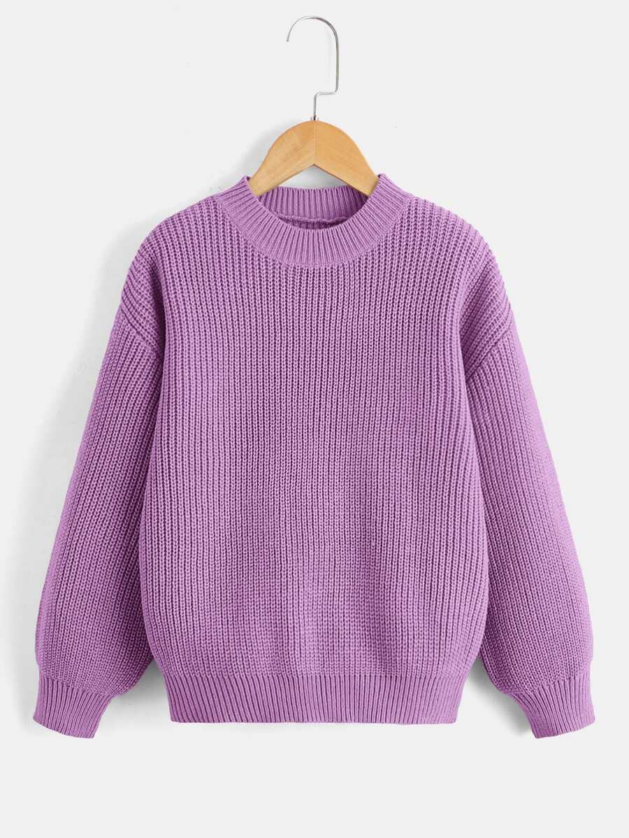 SHEIN Girls' Solid Color Drop Shoulder Sweater - Purple - View 1