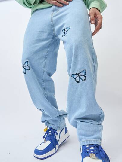 Jeans Holgados Para Hombre Con Diseño De Bordado De Mariposa Y Corte De Pierna Recta
