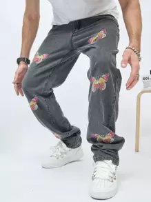 Manfinity EMRG Men Butterfly Embroidery Straight Leg Jeans - Dark Grey - View 1