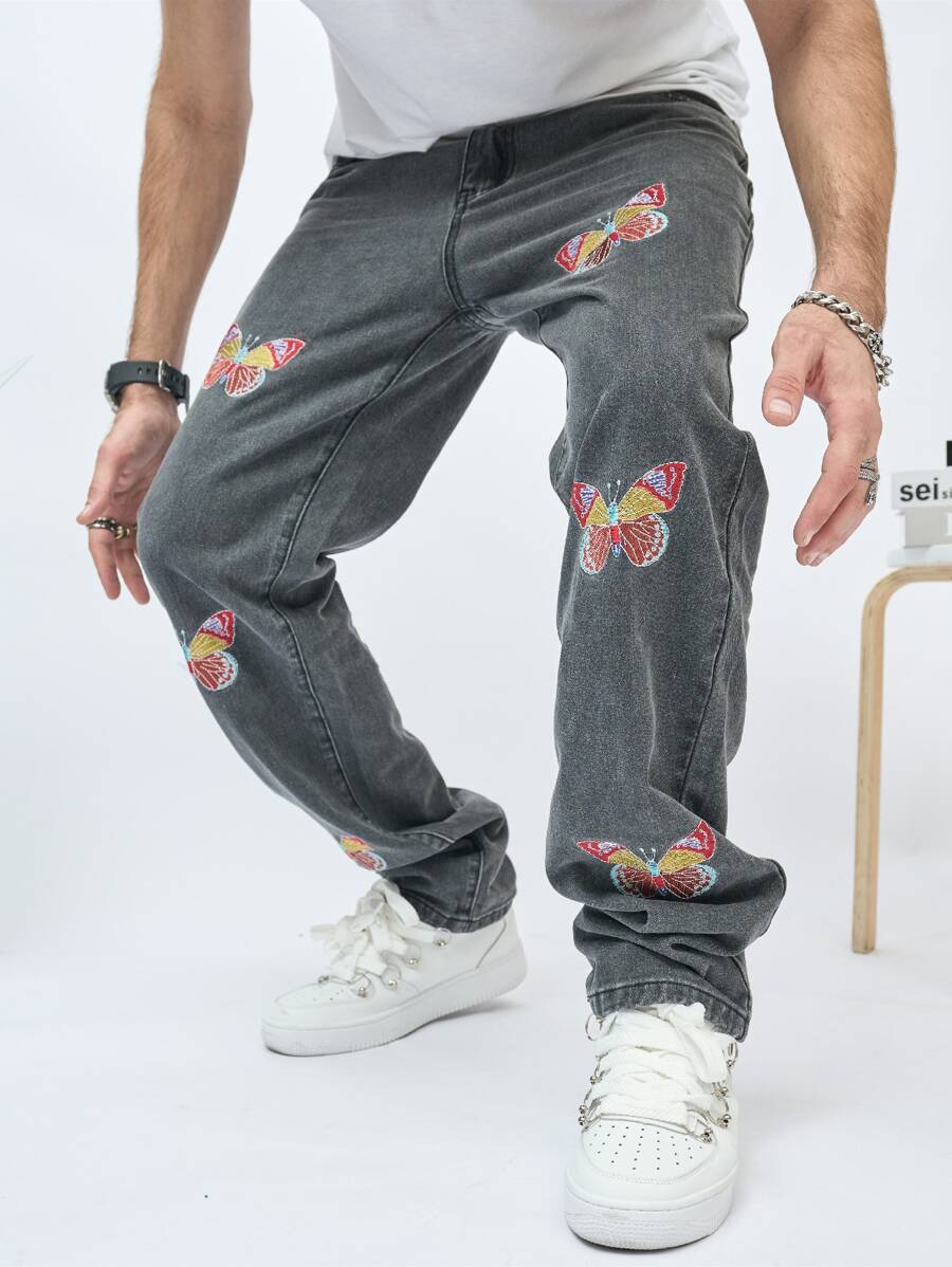 Manfinity EMRG Men Butterfly Embroidery Straight Leg Jeans - Dark Grey - View 1
