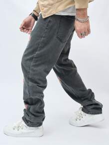 Manfinity EMRG Men Butterfly Embroidery Straight Leg Jeans - Dark Grey - View 3