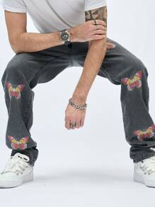 Manfinity EMRG Men Butterfly Embroidery Straight Leg Jeans - Dark Grey - View 4