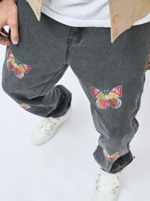 Manfinity EMRG Men Butterfly Embroidery Straight Leg Jeans - Dark Grey - View 6
