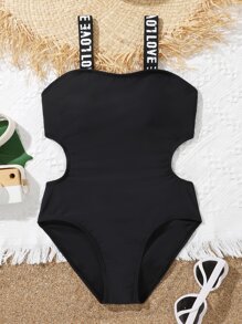 Girls Letter Tape Cut Out One Piece Swimsuit - Black - View 1